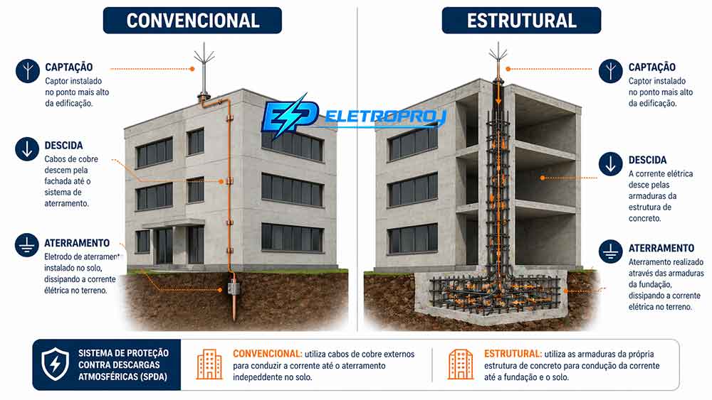 SPDA convencional e estrutural: como funciona a proteção contra raios em edifícios.