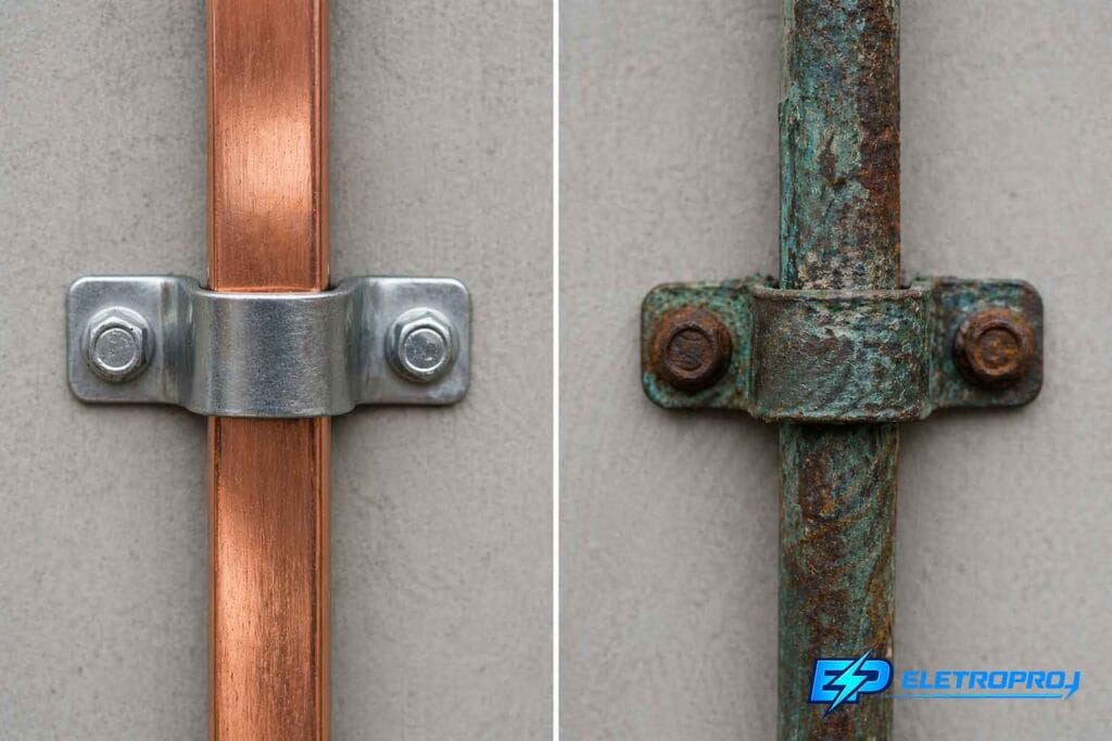 Comparação entre condutor de cobre de SPDA em bom estado e condutor corroído com oxidação verde e conexão deteriorada