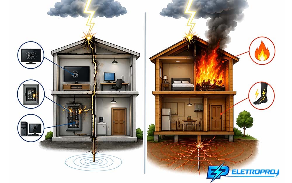 Comparação visual entre casa protegida com aterramento e casa sem proteção contra raio, mostrando danos em equipamentos e risco de incêndio.