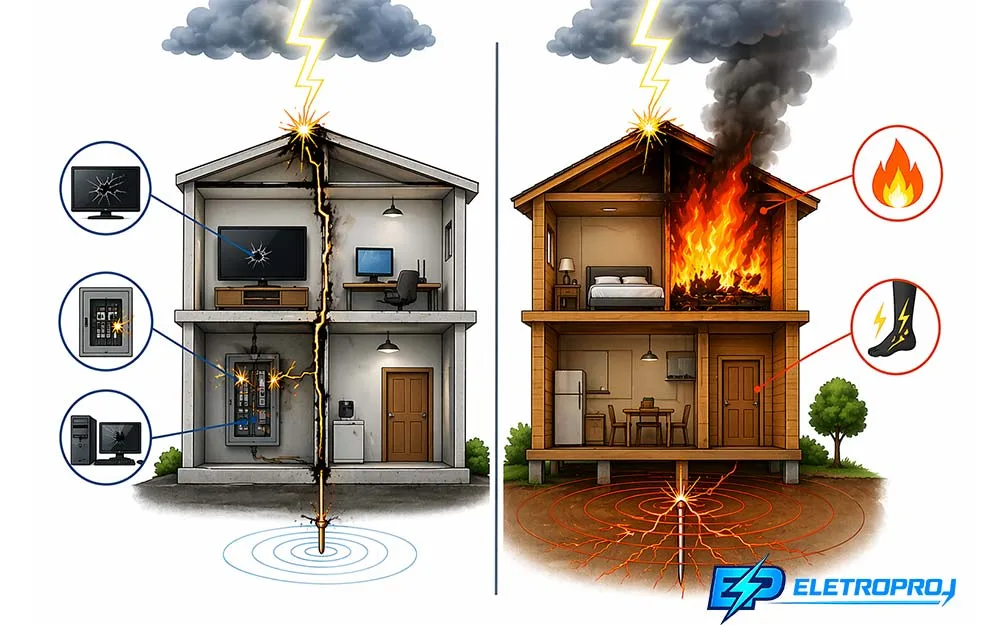 Comparação visual entre casa protegida com aterramento e casa sem proteção contra raio, mostrando danos em equipamentos e risco de incêndio.