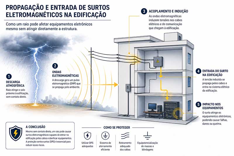 Propagação de surtos eletromagnéticos atingindo edificação através de cabos elétricos após descarga atmosférica próxima