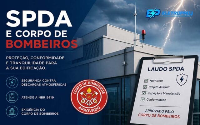 SPDA instalado em edificação com sistema de para-raios e sinalização, atendendo exigências do Corpo de Bombeiros e normas de proteção contra descargas atmosféricas