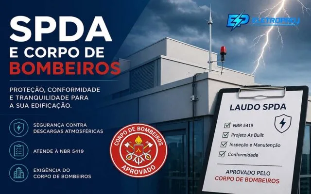 SPDA instalado em edificação com sistema de para-raios e sinalização, atendendo exigências do Corpo de Bombeiros e normas de proteção contra descargas atmosféricas
