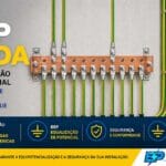 BEP SPDA com barra de equipotencialização conectando cabos de aterramento em painel elétrico industrial