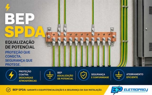 BEP SPDA com barra de equipotencialização conectando cabos de aterramento em painel elétrico industrial
