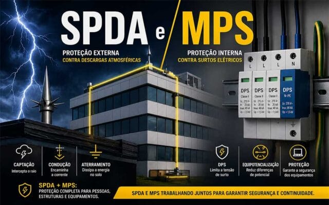 SPDA e MPS atuando juntos na proteção contra descargas atmosféricas e surtos elétricos em edificação