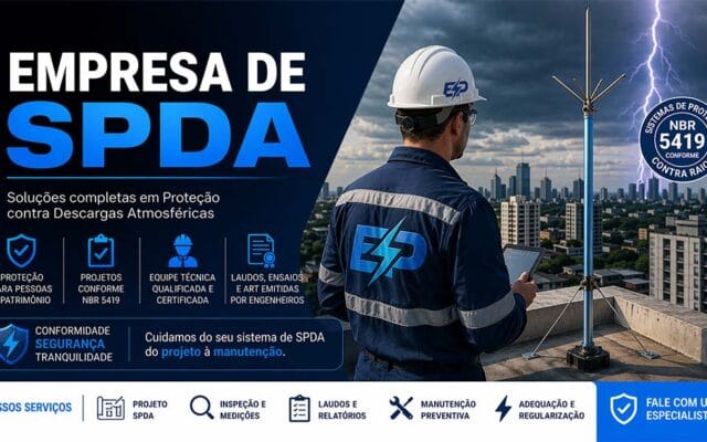 Empresa de SPDA com engenheiro inspecionando sistema de para-raios em prédio durante tempestade, conforme NBR 5419.