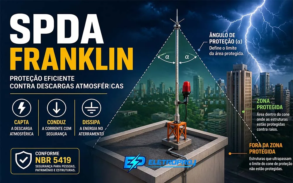 SPDA Franklin com captor no topo do prédio formando cone de proteção com ângulo alfa, destacando zona protegida e área fora da proteção.