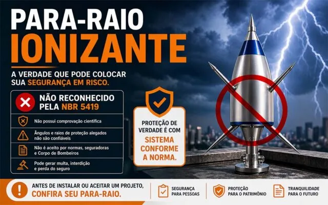 Para-Raio Ionizante instalado em topo de prédio com símbolo de proibição, indicando que não é reconhecido pela NBR 5419 e pode gerar riscos à segurança.