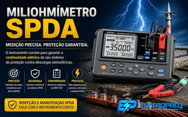 Miliohmímetro SPDA profissional medindo continuidade elétrica em sistema de aterramento com barra de cobre