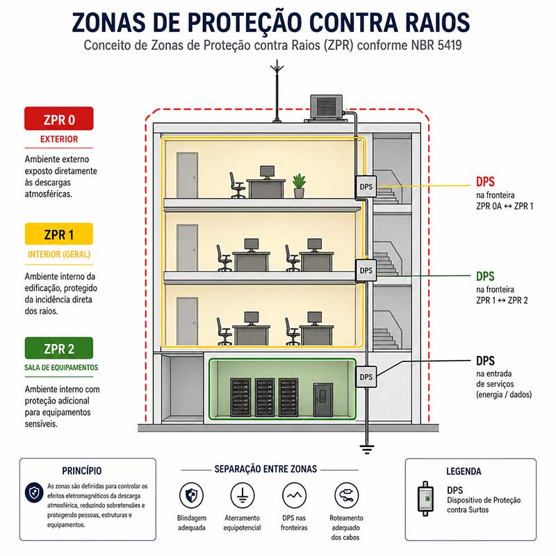 Zonas de proteção contra raios ZPR 0 ZPR 1 ZPR 2 com DPS em sistema SPDA