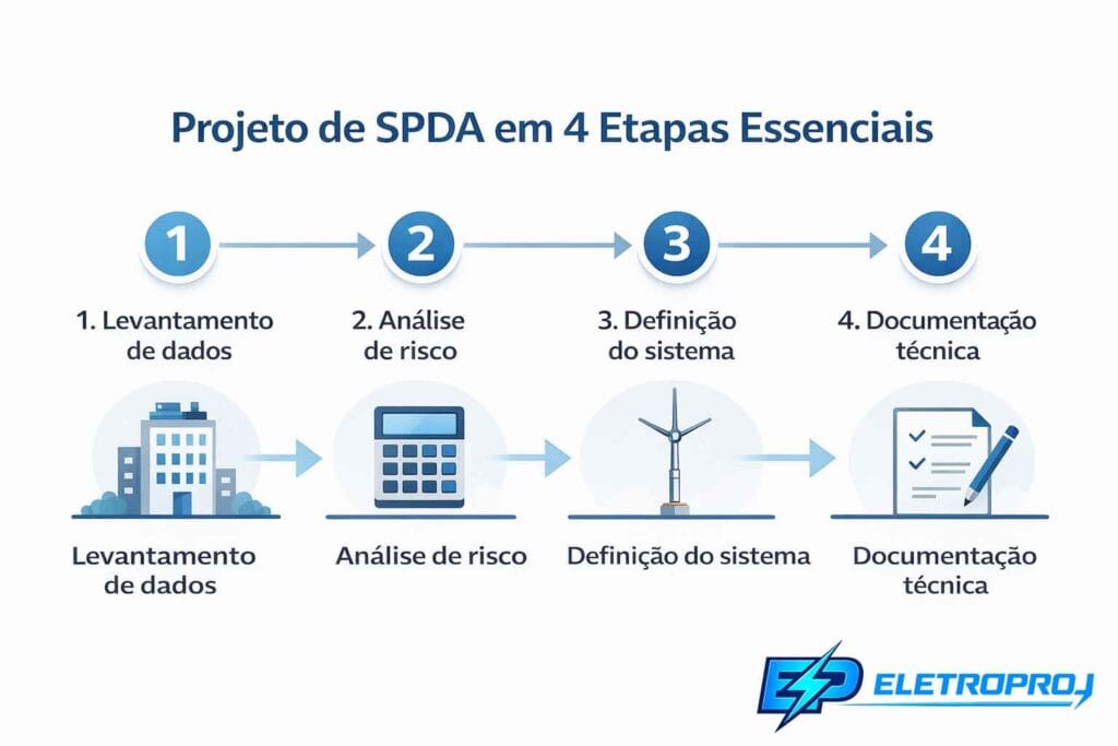 Infográfico mostrando as 4 etapas do projeto de SPDA conforme NBR 5419: levantamento de dados, análise de risco, definição do sistema e documentação técnica.