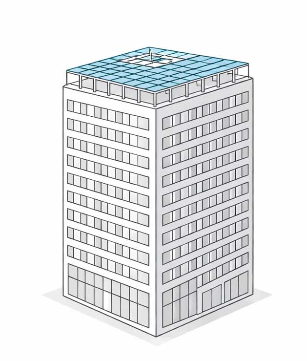 Ilustração de prédio com malha de captação no topo formando uma gaiola de Faraday que protege toda a cobertura de forma uniforme contra descargas atmosféricas.