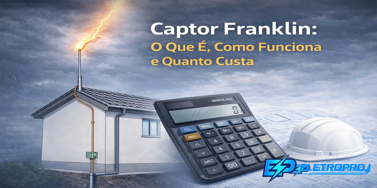 Imagem de capa mostrando um captor Franklin instalado no topo de uma residência durante tempestade, com descarga atmosférica atingindo o para-raios, além de capacete de engenharia e calculadora simbolizando projeto e custo do sistema SPDA.