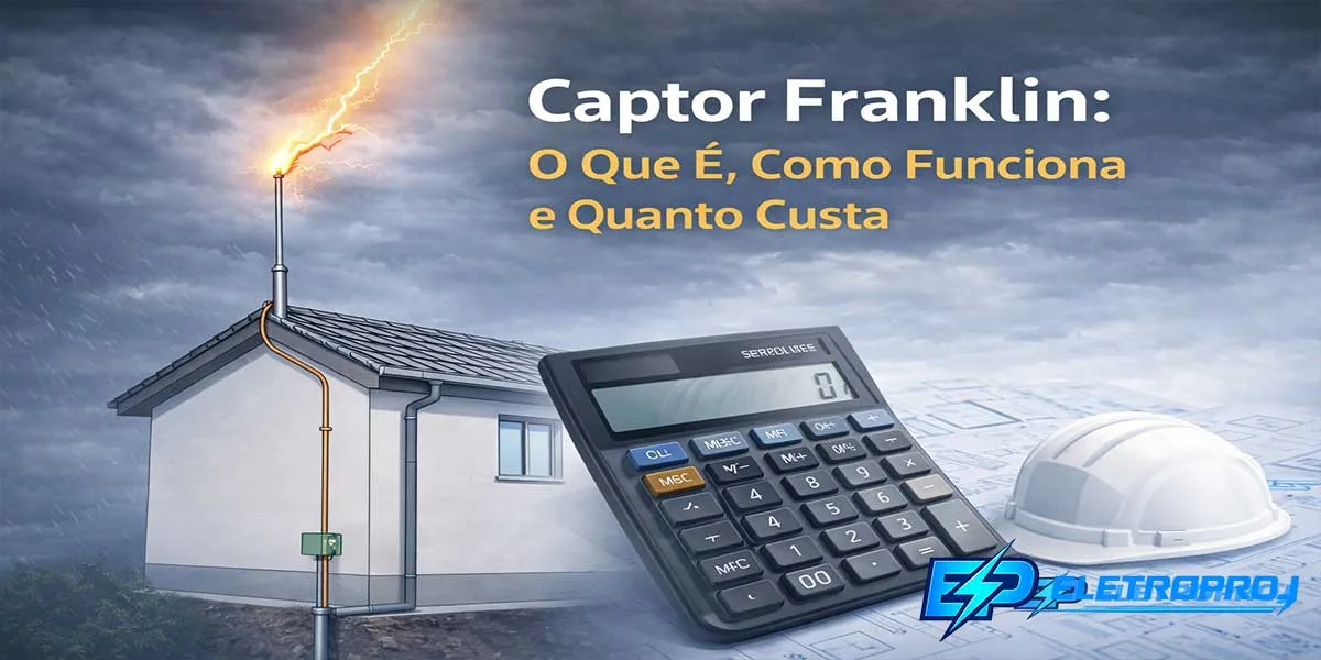 Imagem de capa mostrando um captor Franklin instalado no topo de uma residência durante tempestade, com descarga atmosférica atingindo o para-raios, além de capacete de engenharia e calculadora simbolizando projeto e custo do sistema SPDA.