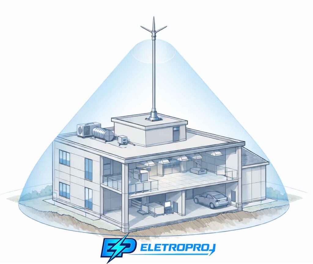 Ilustração técnica mostrando o cone de proteção de um para-raios tipo Franklin instalado no topo de um edifício.