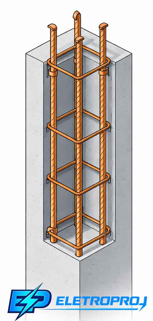 Ilustração em corte de pilar de concreto armado mostrando as ferragens interligadas atuando como condutor natural do SPDA.