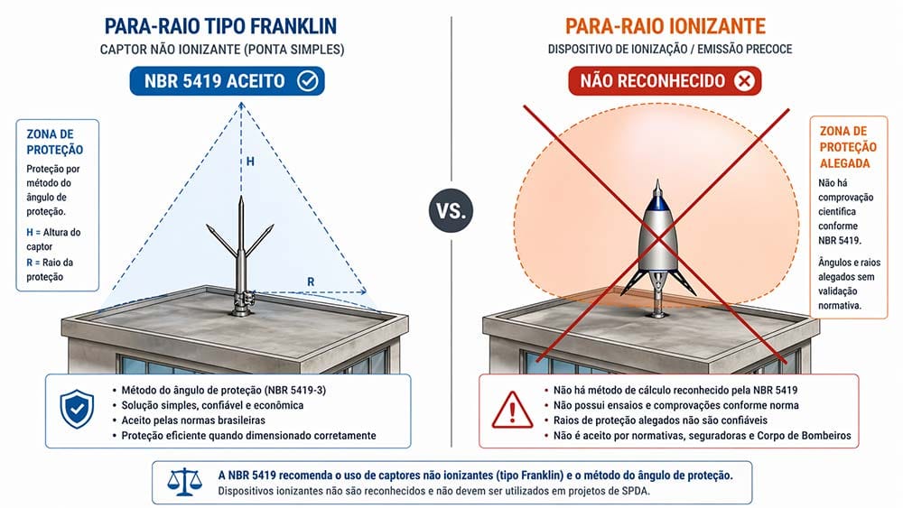 Comparação entre para-raio tipo Franklin e Para-Raio Ionizante (ESE), mostrando diferença na zona de proteção e conformidade com a NBR 5419.
