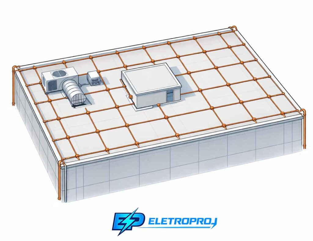 Ilustração superior de cobertura com malha condutora formando uma gaiola de Faraday para proteção contra raios.