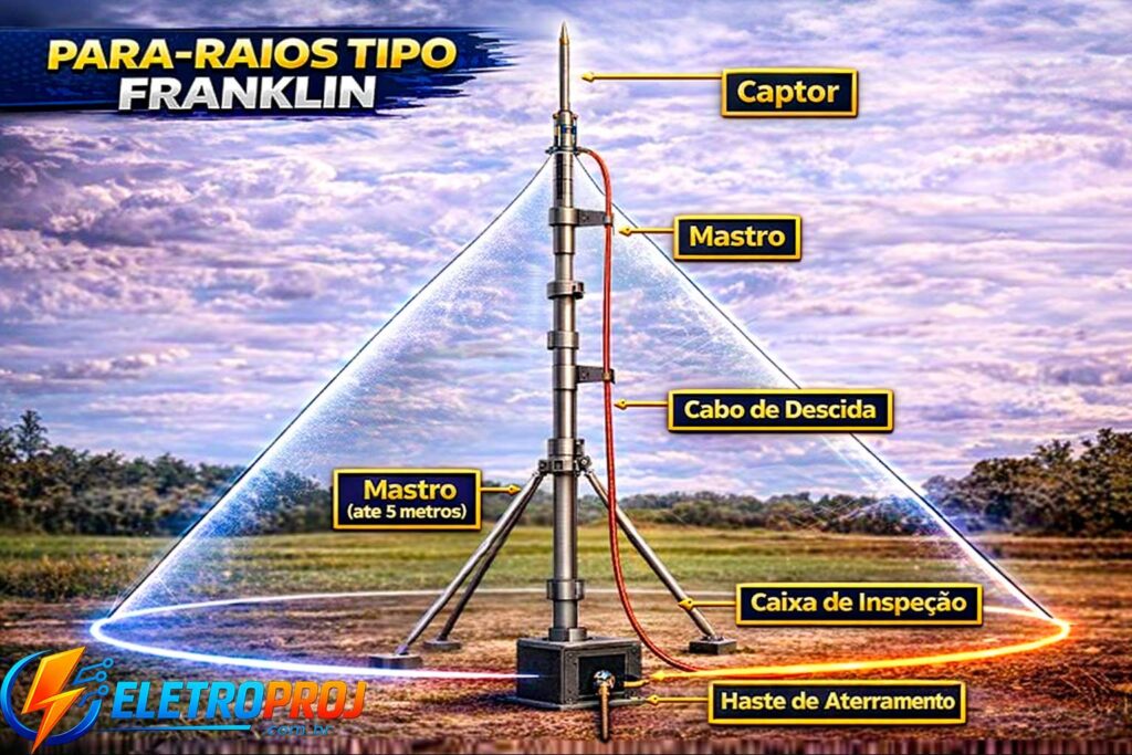 Diagrama do sistema de para-raios tipo Franklin mostrando captor no topo do mastro, cabo de descida conectado à haste de aterramento e caixa de inspeção, ilustrando o caminho da corrente do raio até o solo.