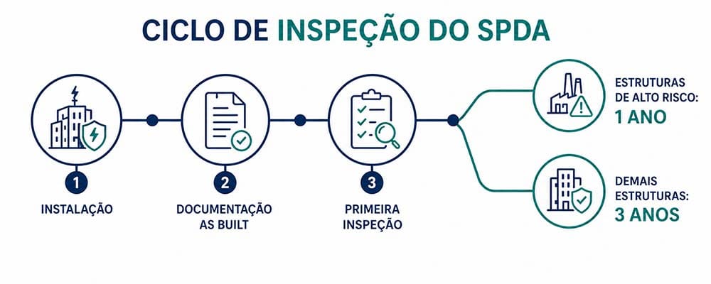 Ciclo de inspeção do SPDA com etapas de instalação, documentação as built, primeira inspeção e periodicidade conforme exigências do Corpo de Bombeiros