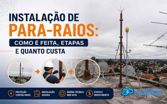 Instalação de para-raios em cobertura de edifício com mastro captor metálico fixado na laje, parte do sistema SPDA conforme NBR 5419.
