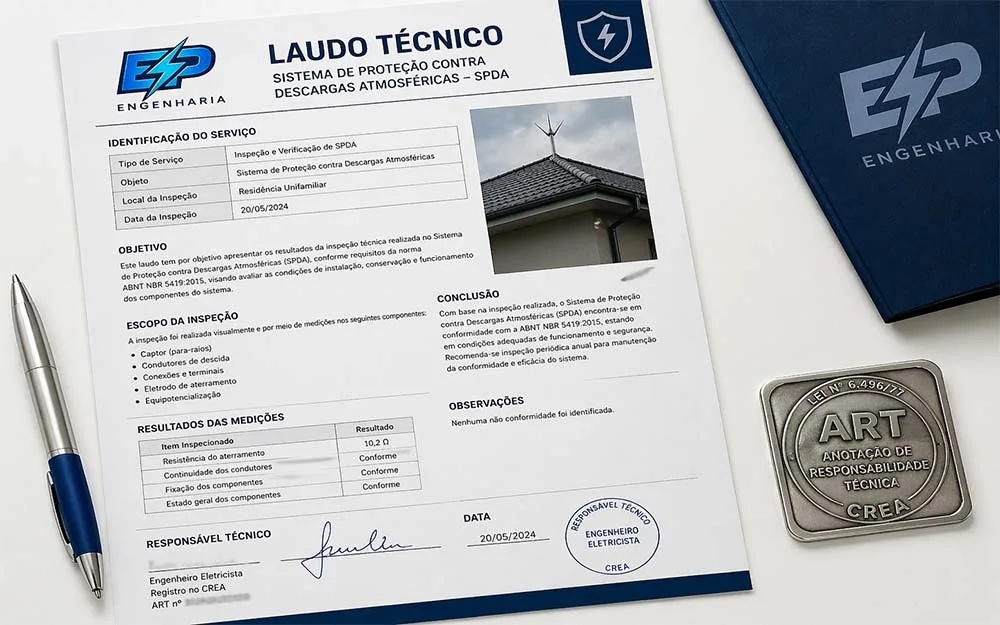 Laudo técnico de SPDA sobre mesa com assinatura de engenheiro e selo de ART ao lado, representando documento oficial de inspeção elétrica.
