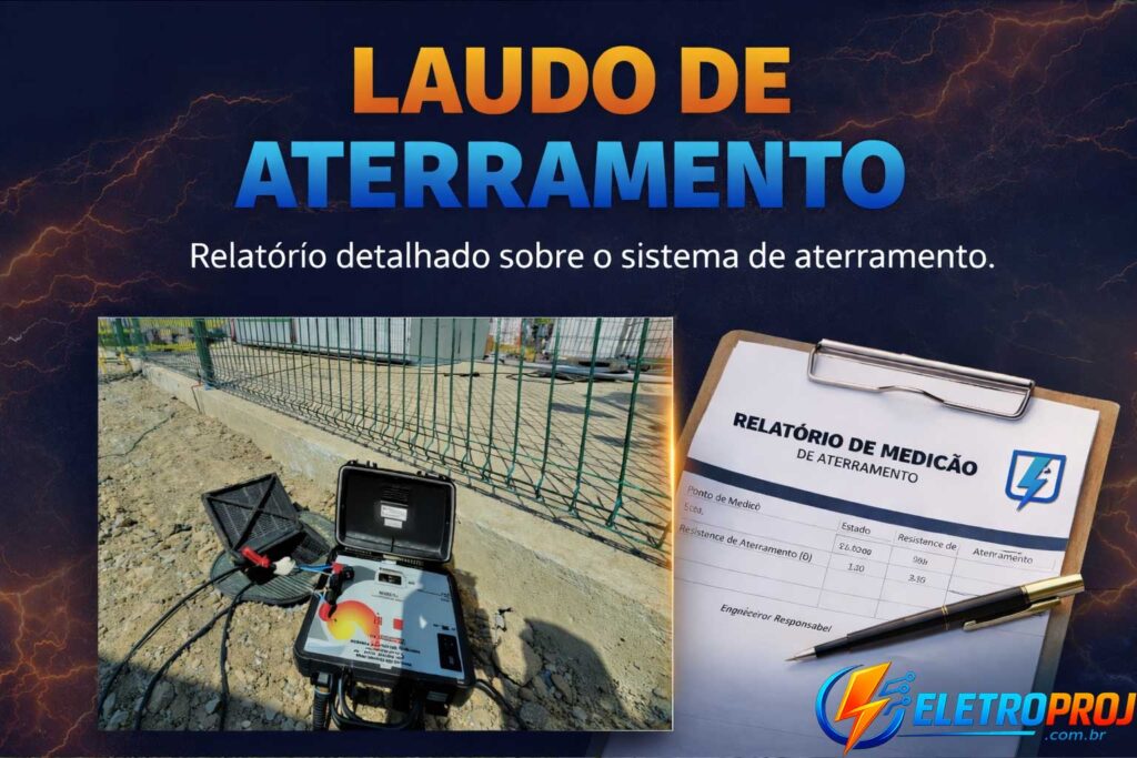 Equipamento de medição de resistência de aterramento em campo e relatório técnico de laudo de aterramento, utilizado para verificar a eficiência do sistema de proteção elétrica.