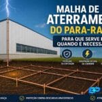 Malha de aterramento para para-raios instalada em galpão industrial com dissipação de corrente no solo