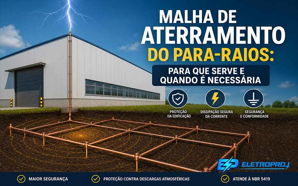 Malha de aterramento para para-raios instalada em galpão industrial com dissipação de corrente no solo