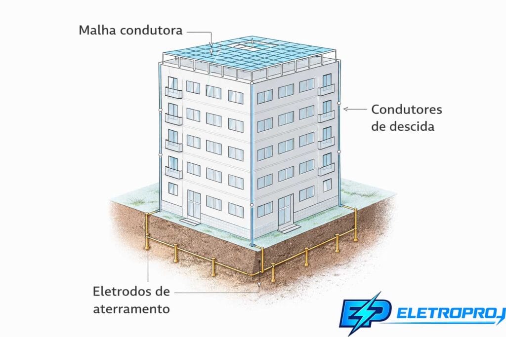 Diagrama técnico em corte lateral mostrando SPDA tipo gaiola de Faraday em edifício residencial, com malha de captação no topo, condutores de descida nas laterais e eletrodos de aterramento interligados no solo.
