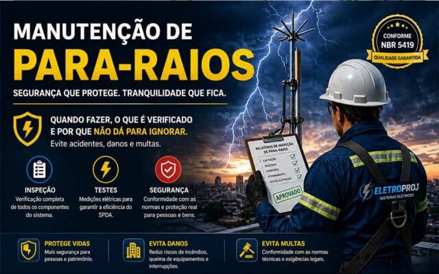 Técnico realizando manutenção de para-raios (SPDA) com inspeção da haste captora tipo Franklin instalada no topo da edificação, verificando o sistema de proteção contra descargas atmosféricas.