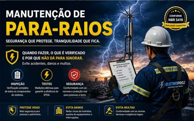 Técnico realizando manutenção de para-raios (SPDA) com inspeção da haste captora tipo Franklin instalada no topo da edificação, verificando o sistema de proteção contra descargas atmosféricas.