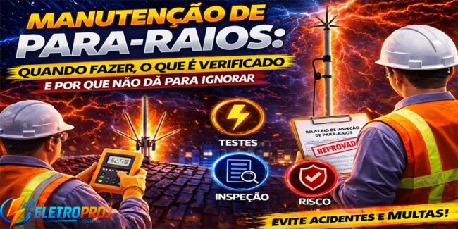 Técnico realizando manutenção de para-raios (SPDA) com inspeção da haste captora tipo Franklin instalada no topo da edificação, verificando o sistema de proteção contra descargas atmosféricas.