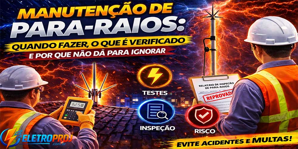 Técnico realizando manutenção de para-raios (SPDA) com inspeção da haste captora tipo Franklin instalada no topo da edificação, verificando o sistema de proteção contra descargas atmosféricas.