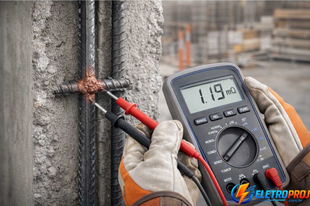 Técnico realizando medição de continuidade elétrica entre vergalhões de aço em coluna de concreto armado utilizando micro-ohmímetro digital, verificando conexão por solda exotérmica para uso como condutor natural do SPDA estrutural.
