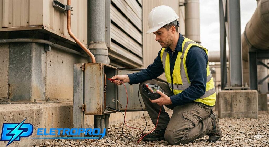 Engenheiro eletricista utilizando medidor digital para verificar a continuidade elétrica do condutor de descida do SPDA em caixa de inspeção instalada na parte externa da edificação.