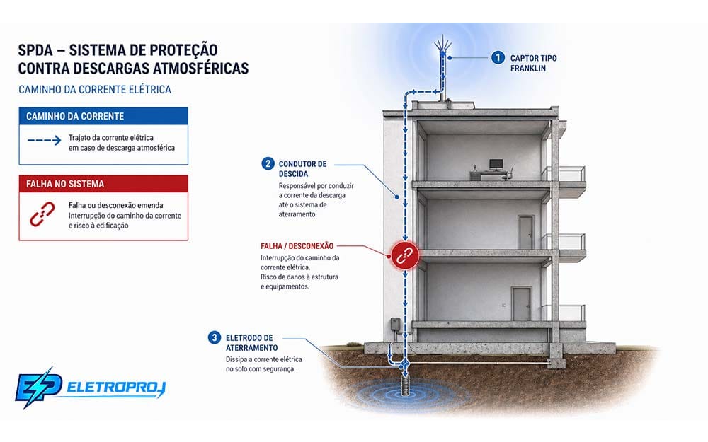 Miliohmímetro SPDA ilustrado no sistema de para-raios mostrando o caminho da corrente elétrica até o aterramento