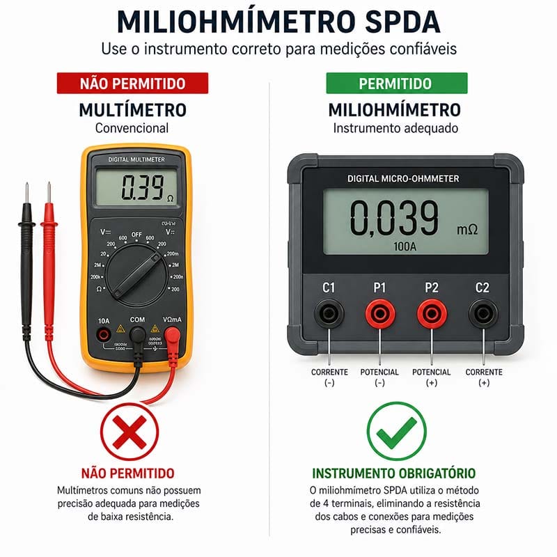 Miliohmímetro SPDA comparado com multímetro comum mostrando instrumento correto para medição de baixa resistência
