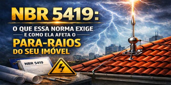 NBR 5419: requisitos da norma de para-raios explicados NBR 5419 norma brasileira de proteção contra descargas atmosféricas ilustrada com para-raios em telhado durante tempestade com relâmpago.