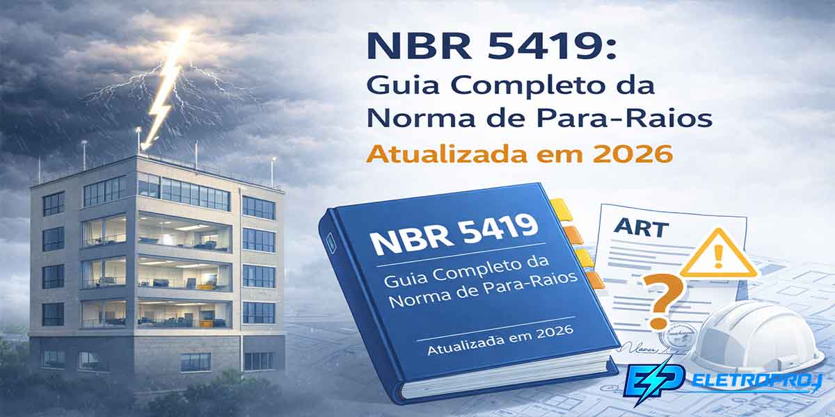 Imagem ilustrativa sobre a NBR 5419 atualizada em 2026, mostrando raio atingindo edifício protegido por SPDA, livro da norma, capacete de engenharia e documento técnico ART.