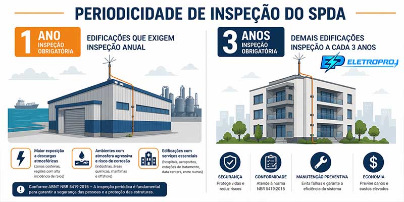 Quando inspecionar o SPDA: inspeção anual ou a cada 3 anos conforme tipo de edificação.