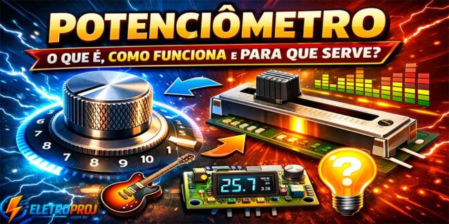 Potenciômetro rotativo e potenciômetro deslizante ilustrados com efeitos elétricos, mostrando ajuste de resistência, controle de volume e aplicações em circuitos eletrônicos.