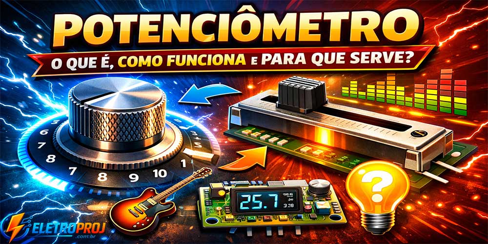 Potenciômetro rotativo e potenciômetro deslizante ilustrados com efeitos elétricos, mostrando ajuste de resistência, controle de volume e aplicações em circuitos eletrônicos.