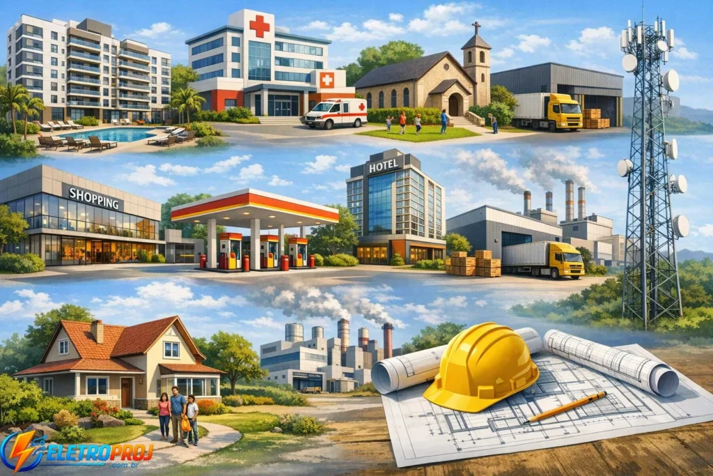 Ilustração com vários tipos de edificações: condomínio, hospital, igreja, galpão industrial, shopping, posto de combustível, hotel, indústria, torre de telecomunicação e casa residencial, representando locais que exigem projeto técnico antes da instalação.
