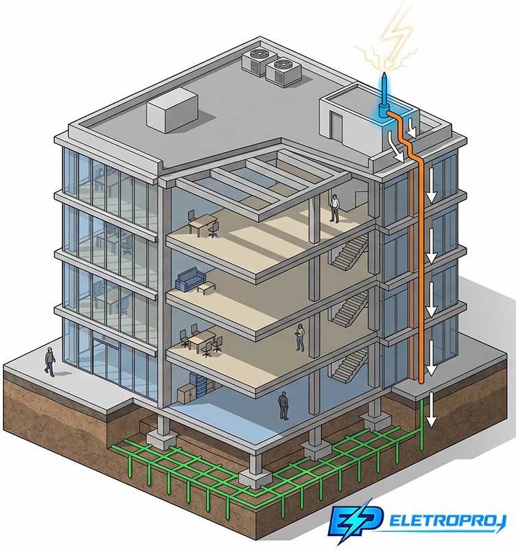 Seção técnica de edifício de 4 andares mostrando sistema SPDA com captor no topo, condutor de descida na fachada e eletrodo de aterramento no solo, indicando o caminho da corrente do raio até a terra.