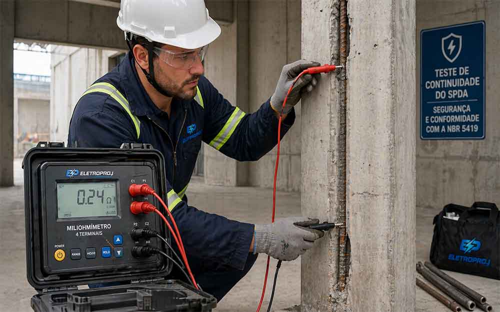 Medição de 0,24 ohm em teste de continuidade de armadura de concreto para SPDA.