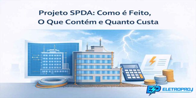 Ilustração de projeto de SPDA mostrando edifício com para-raios, planta técnica, memorial descritivo e cálculo de custos conforme NBR 5419.
