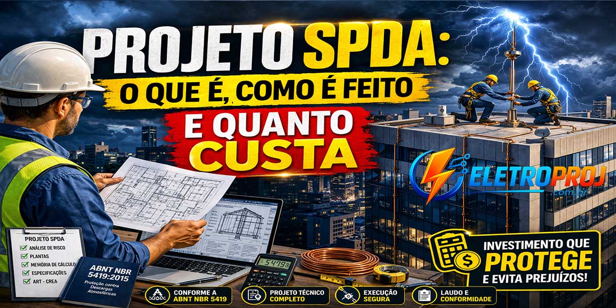 Imagem chamativa mostrando instalação de para-raios em telhado durante tempestade com raios, engenheiro analisando projeto técnico, planta elétrica no computador e elementos que representam custo do projeto de SPDA.
