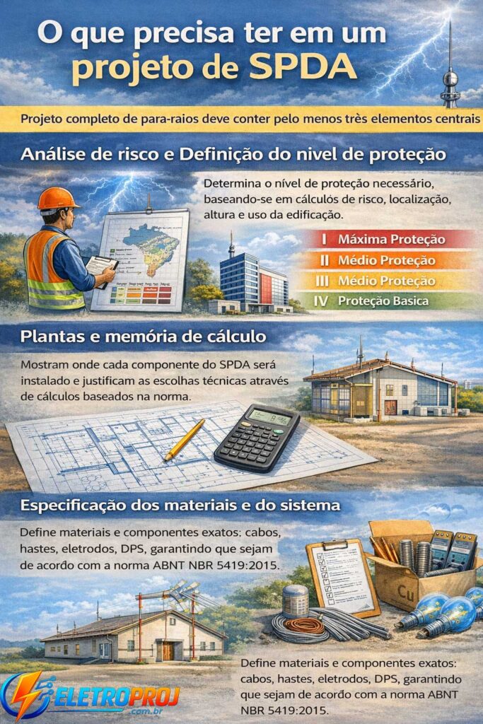 Ilustração técnica mostrando elementos de um projeto de SPDA: engenheiro analisando risco com mapa, planta técnica da edificação com cálculos, sistema de para-raios instalado no telhado e materiais como cabos de cobre, hastes de aterramento e DPS.